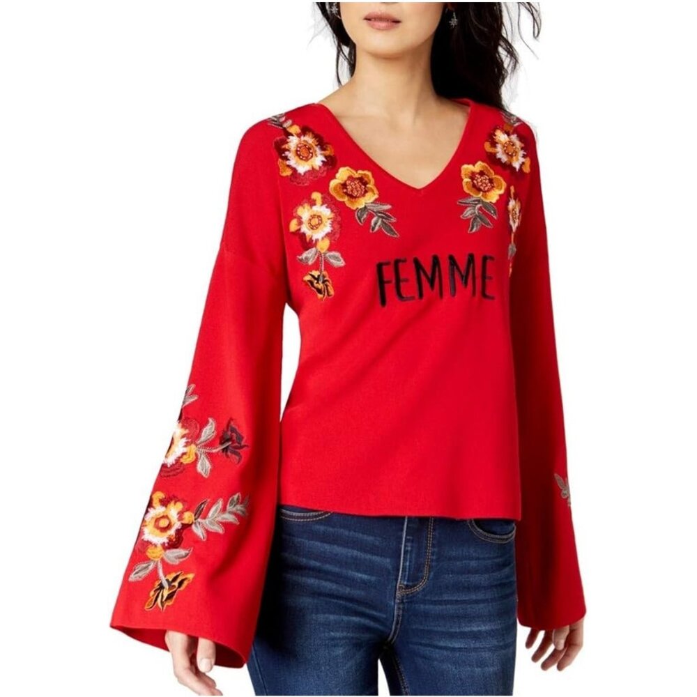 FEMME Embroidered Top Red Long Bell Sleeve V-Neck Floral Design Size XL